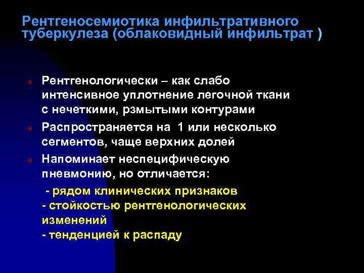 Рентгеносемиотика инфильтративного туберкулеза (облаковидный инфильтрат ) n n n Рентгенологически – как слабо интенсивное