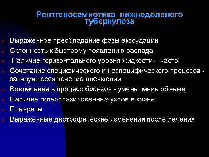 Рентгеносемиотика нижнедолевого туберкулеза n n n n Выраженное преобладание фазы экссудации Склонность к быстрому