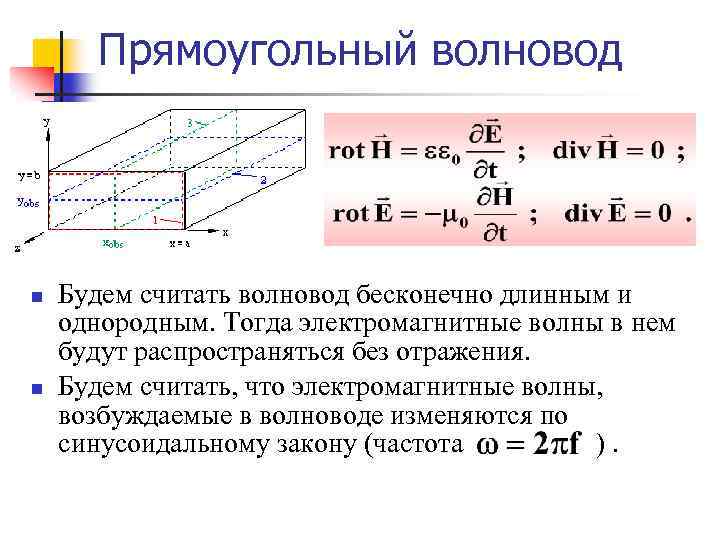 Прямоугольный волновод n n Будем считать волновод бесконечно длинным и однородным. Тогда электромагнитные волны