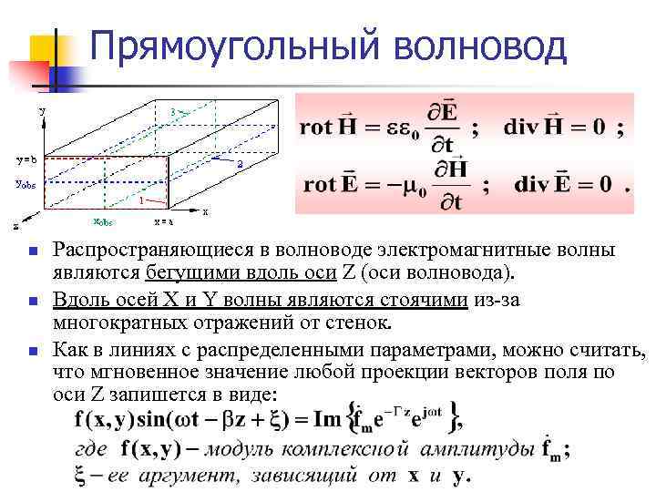 Прямоугольный волновод n n n Распространяющиеся в волноводе электромагнитные волны являются бегущими вдоль оси