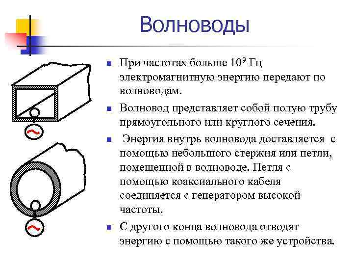 Волноводы n n При частотах больше 109 Гц электромагнитную энергию передают по волноводам. Волновод