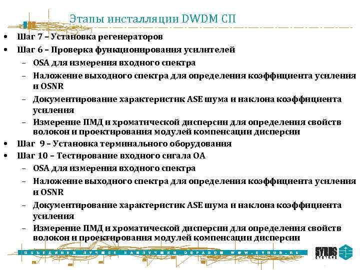 Этапы инсталляции DWDM СП • • Шаг 7 – Установка регенераторов Шаг 6 –