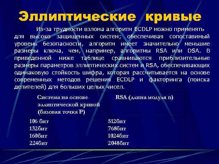 Эллиптические кривые Из-за трудности взлома алгоритм ECDLP можно применять для высоко защищенных систем; обеспечивая
