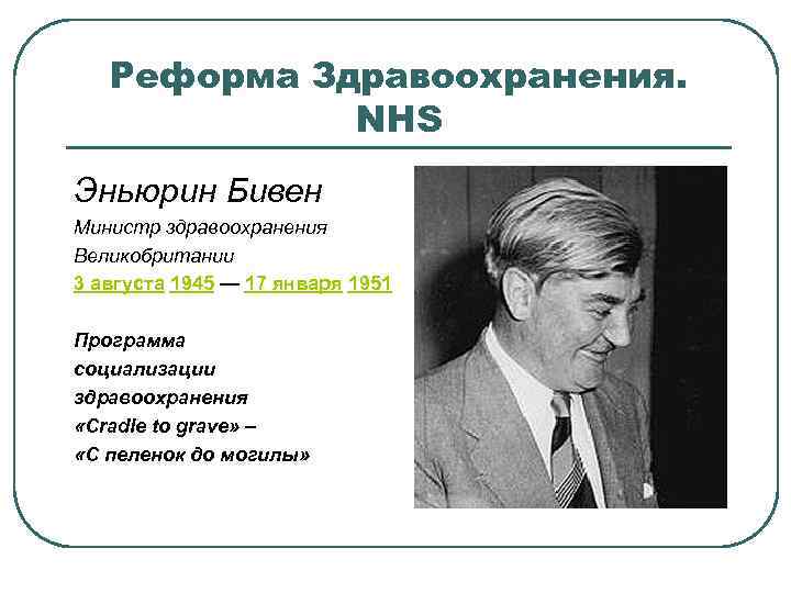 Реформа Здравоохранения. NHS Эньюрин Бивен Министр здравоохранения Великобритании 3 августа 1945 — 17 января