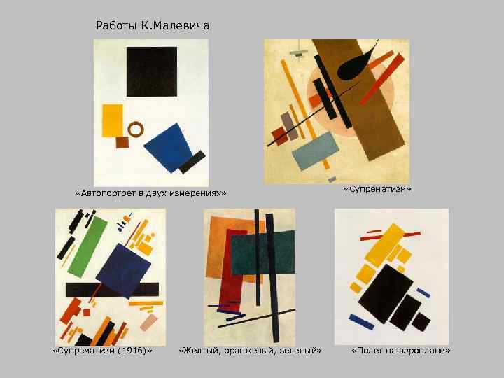 Работы К. Малевича «Автопортрет в двух измерениях» «Супрематизм (1916)» «Желтый, оранжевый, зеленый» «Супрематизм» «Полет