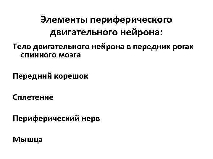 Элементы периферического двигательного нейрона: Тело двигательного нейрона в передних рогах спинного мозга Передний корешок
