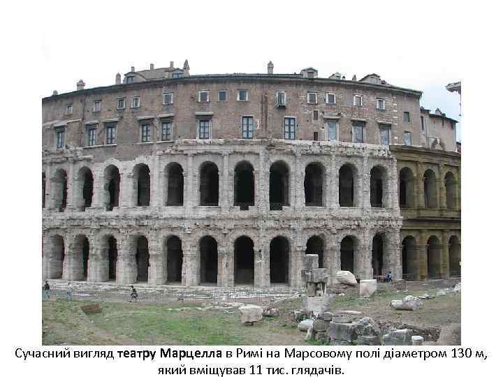 Сучасний вигляд театру Марцелла в Римі на Марсовому полі діаметром 130 м, який вміщував
