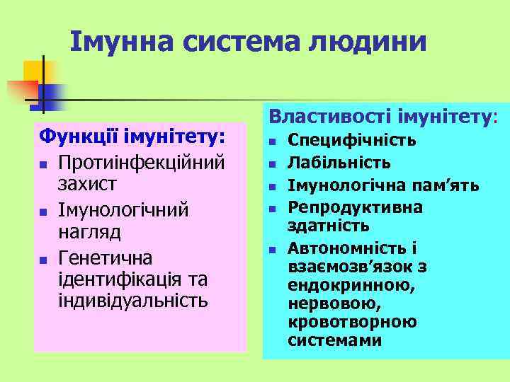 Імунна система людини Функції імунітету: n Протиінфекційний захист n Імунологічний нагляд n Генетична ідентифікація