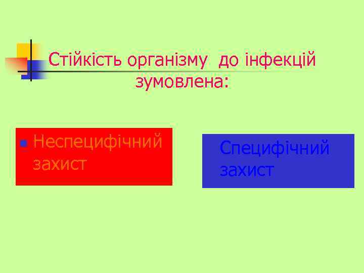 Стійкість організму до інфекцій зумовлена: n Неспецифічний захист n Специфічний захист 