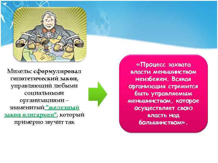 Михельс сформулировал гипотетический закон, управляющий любыми социальными организациями – знаменитый 