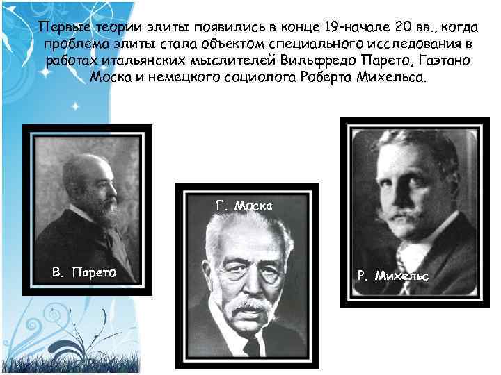 Первые теории элиты появились в конце 19 -начале 20 вв. , когда проблема элиты