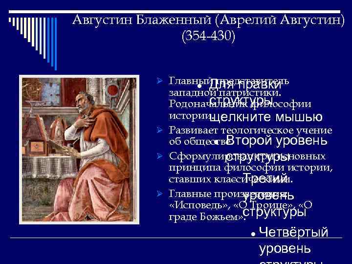 Августин Блаженный (Аврелий Августин) (354 -430) Ø Главный представитель Для правки западной патристики. структуры