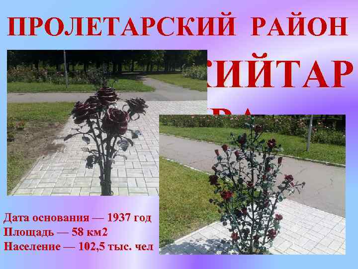 ПРОЛЕТАРСКИЙ РАЙОН ЛЕПРОСКИЙТАР ЙОНРА Дата основания — 1937 год Площадь — 58 км 2