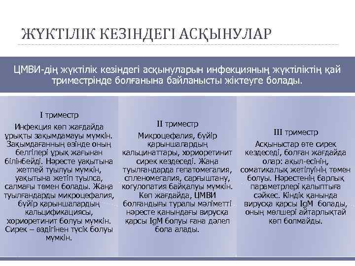 ЖҮКТІЛІК КЕЗІНДЕГІ АСҚЫНУЛАР ЦМВИ-дің жүктілік кезіндегі асқынуларын инфекцияның жүктіліктің қай триместрінде болғанына байланысты жіктеуге