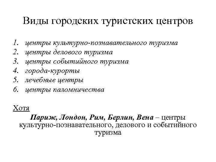 Виды городских туристских центров 1. 2. 3. 4. 5. 6. центры культурно познавательного туризма