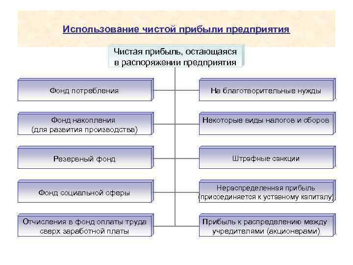 Использование чистой прибыли предприятия Чистая прибыль, остающаяся в распоряжении предприятия Фонд потребления На благотворительные