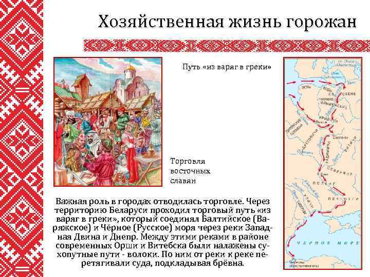Хозяйственная жизнь горожан Путь «из варяг в греки» Торговля восточных славян Важная роль в