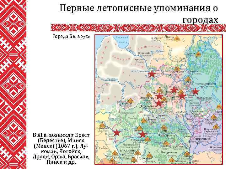 Первые летописные упоминания о городах Города Беларуси В XI в. возникли Брест (Берестье), Минск