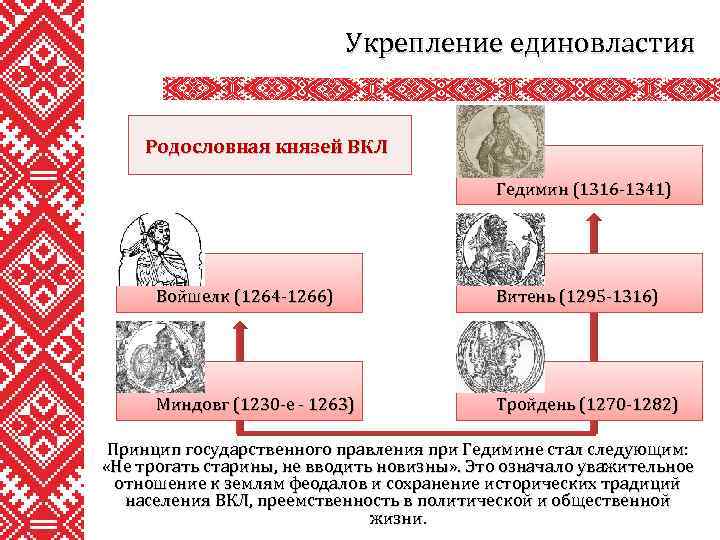 Укрепление единовластия Родословная князей ВКЛ Гедимин (1316 -1341) Войшелк (1264 -1266) Витень (1295 -1316)
