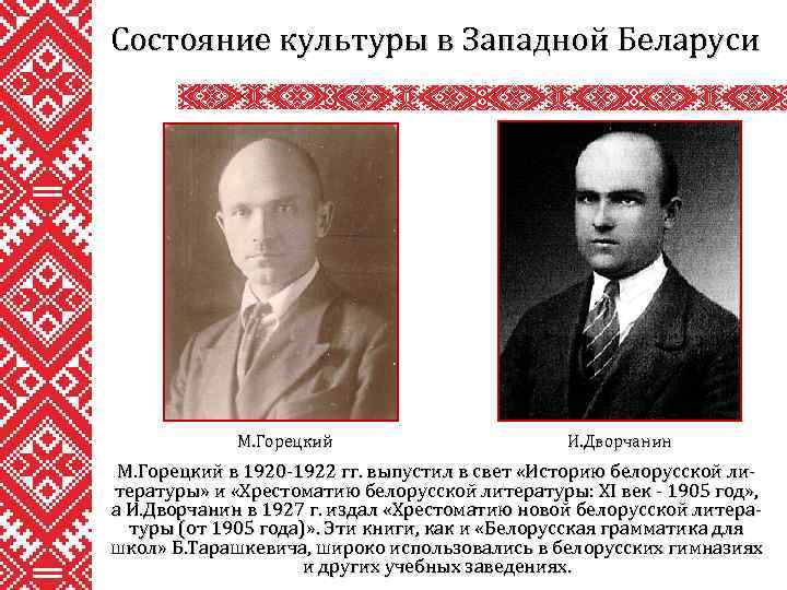 Состояние культуры в Западной Беларуси М. Горецкий И. Дворчанин М. Горецкий в 1920 -1922