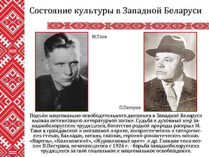 Состояние культуры в Западной Беларуси М. Танк П. Пестрак Подъём национально-освободительного движения в Западной