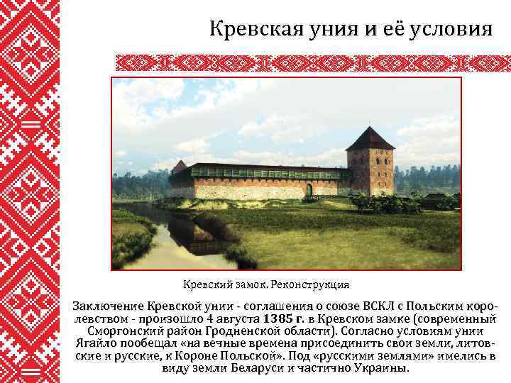 Кревская уния и её условия Кревский замок. Реконструкция Заключение Кревской унии - соглашения о