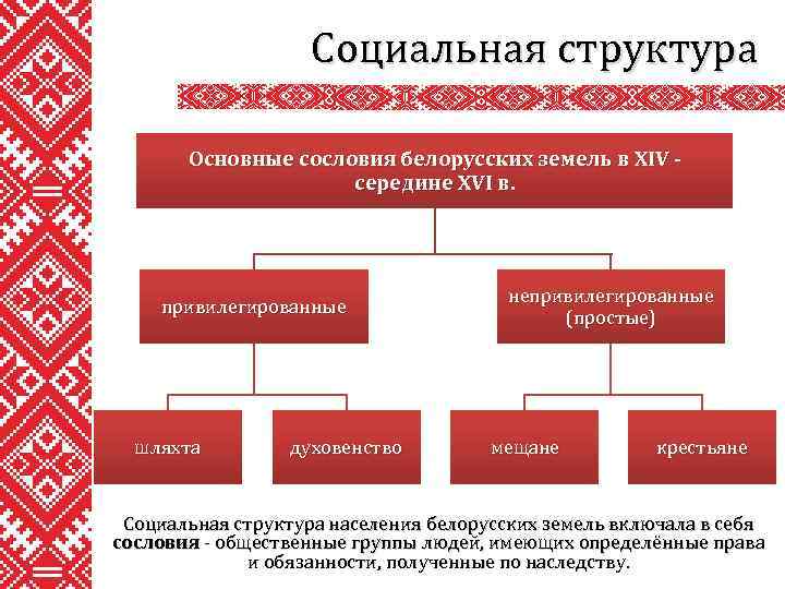 Социальная структура Основные сословия белорусских земель в XIV середине XVI в. привилегированные шляхта духовенство
