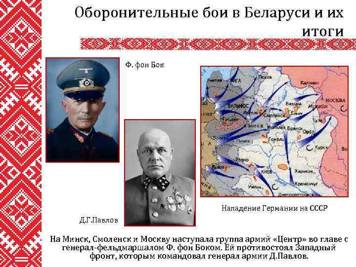 Оборонительные бои в Беларуси и их итоги Ф. фон Бок Нападение Германии на СССР