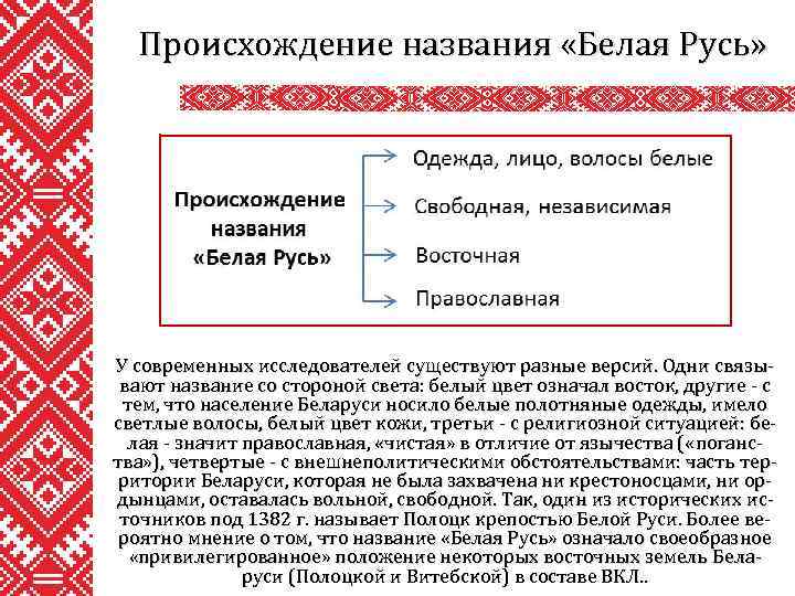 Происхождение названия «Белая Русь» У современных исследователей существуют разные версий. Одни связывают название со