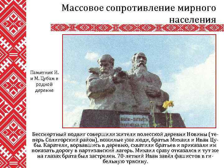 Массовое сопротивление мирного населения Памятник И. и М. Цубам в родной деревне Бессмертный подвиг