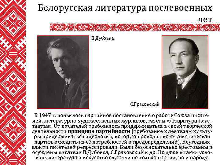 Белорусская литература послевоенных лет В. Дубовка С. Граховский В 1947 г. появилось партийное постановление