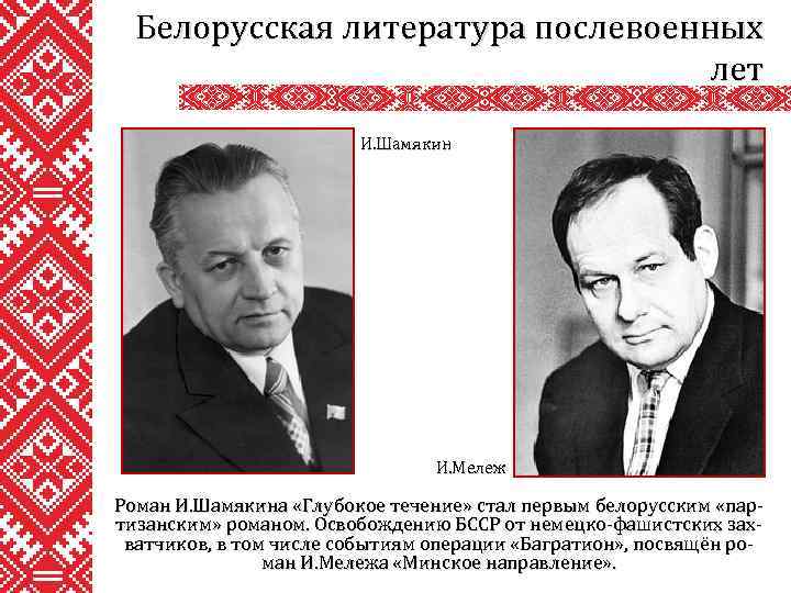 Белорусская литература послевоенных лет И. Шамякин И. Мележ Роман И. Шамякина «Глубокое течение» стал
