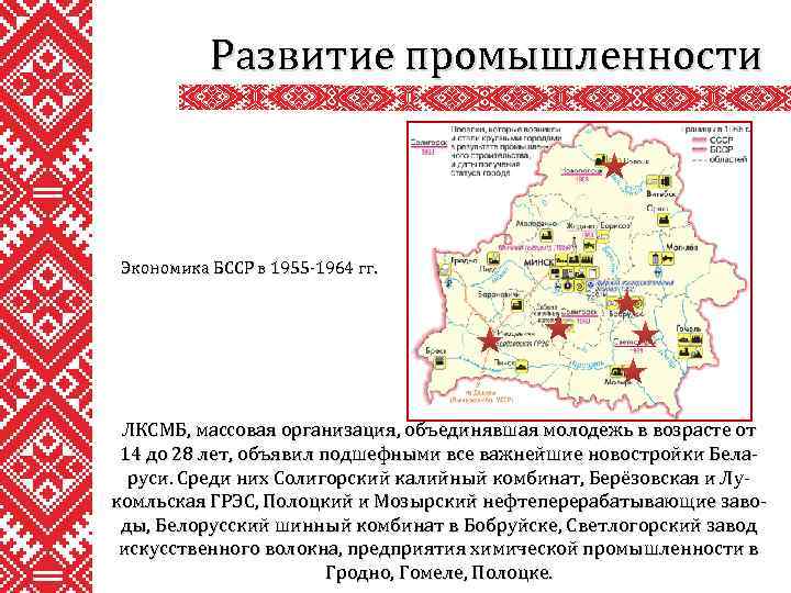 Развитие промышленности Экономика БССР в 1955 -1964 гг. ЛКСМБ, массовая организация, объединявшая молодежь в