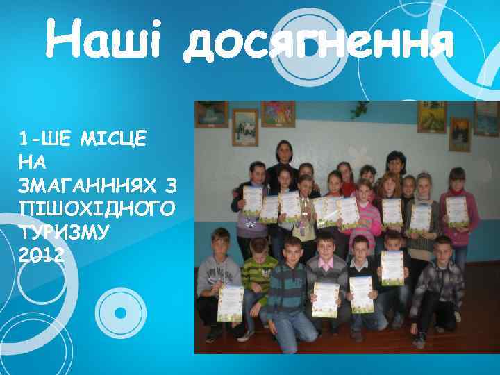 Наші досягнення 1 -ШЕ МІСЦЕ НА ЗМАГАНННЯХ З ПІШОХІДНОГО ТУРИЗМУ 2012 