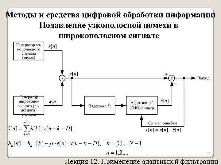 Методы и средства цифровой обработки информации Подавление узкополосной помехи в широкополосном сигнале 23 Лекция