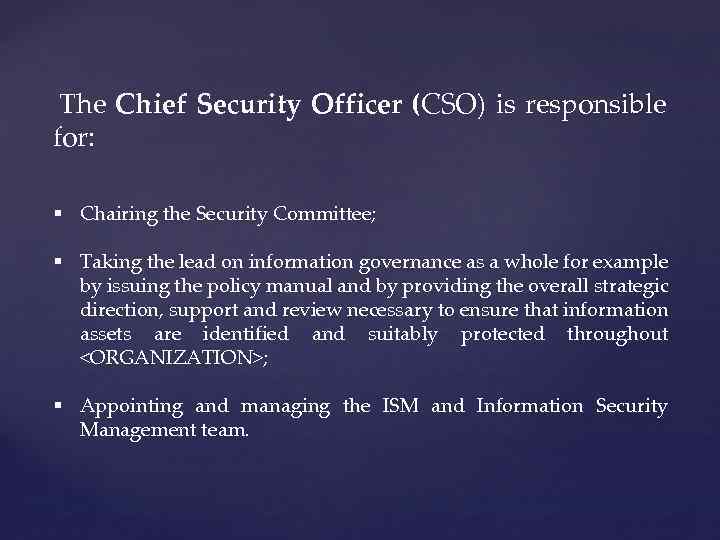 The Chief Security Officer (CSO) is responsible for: § Chairing the Security Committee; §