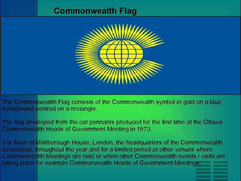 Commonwealth Flag The Commonwealth Flag consists of the Commonwealth symbol in gold on a