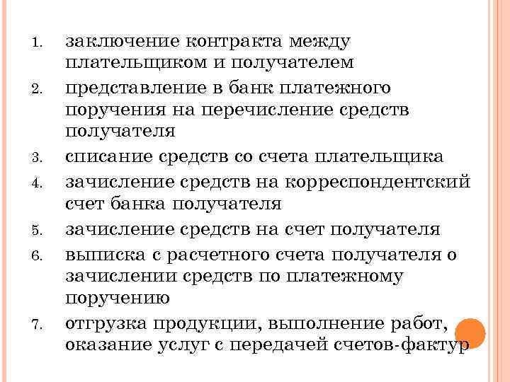 1. 2. 3. 4. 5. 6. 7. заключение контракта между плательщиком и получателем представление