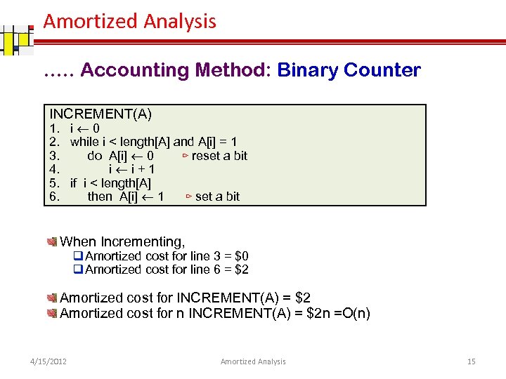 Amortized Analysis …. . Accounting Method: Binary Counter INCREMENT(A) 1. i 0 2. while