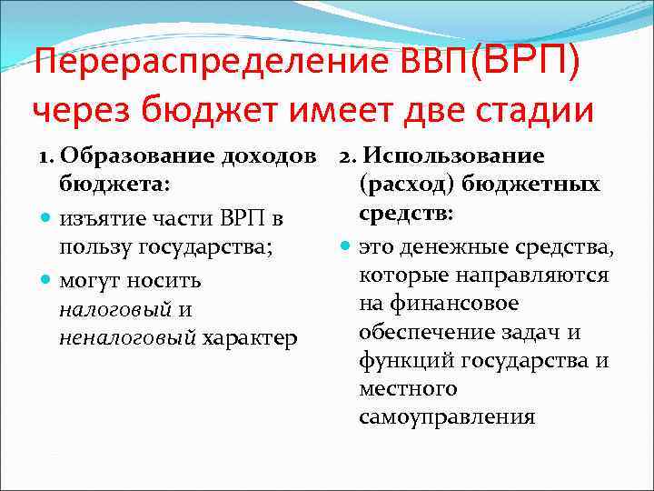 Перераспределение ВВП(ВРП) через бюджет имеет две стадии 1. Образование доходов 2. Использование бюджета: (расход)