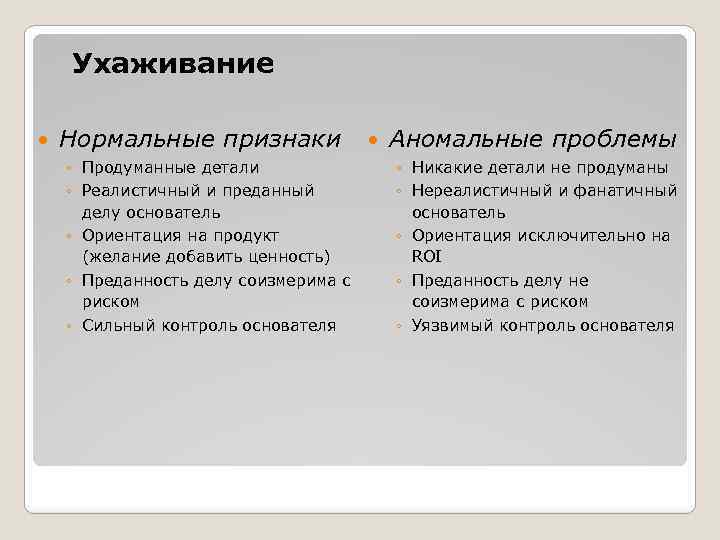 Ухаживание Нормальные признаки ◦ Продуманные детали ◦ Реалистичный и преданный делу основатель ◦ Ориентация
