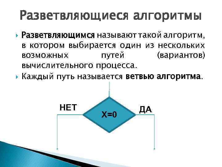 Разветвляющиеся алгоритмы Разветвляющимся называют такой алгоритм, в котором выбирается один из нескольких возможных путей