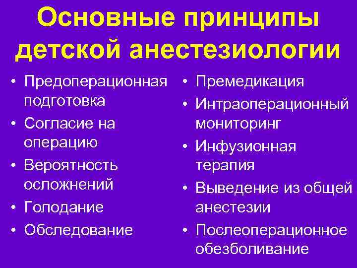 Основные принципы детской анестезиологии • Предоперационная подготовка • Согласие на операцию • Вероятность осложнений