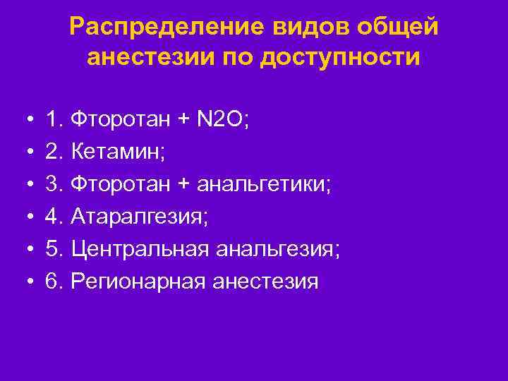 Распределение видов общей анестезии по доступности • • • 1. Фторотан + N 2