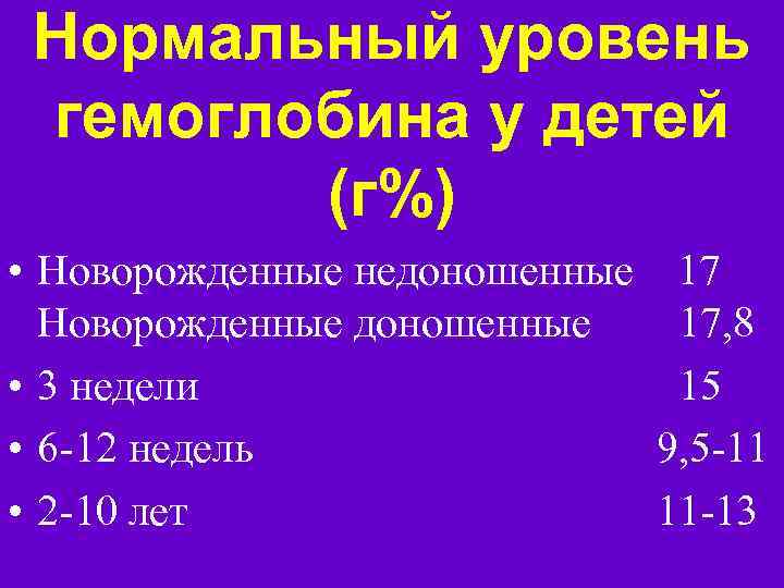 Нормальный уровень гемоглобина у детей (г%) • Новорожденные недоношенные 17 Новорожденные доношенные 17, 8