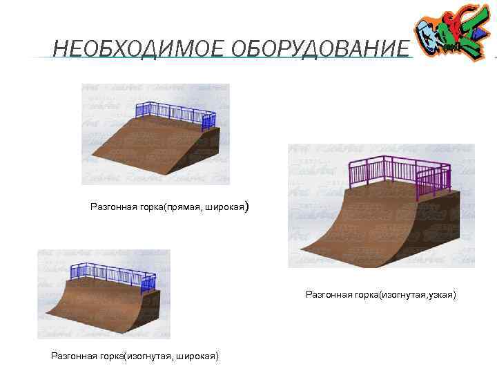 НЕОБХОДИМОЕ ОБОРУДОВАНИЕ Разгонная горка(прямая, широкая) Разгонная горка(изогнутая, узкая) Разгонная горка(изогнутая, широкая) 