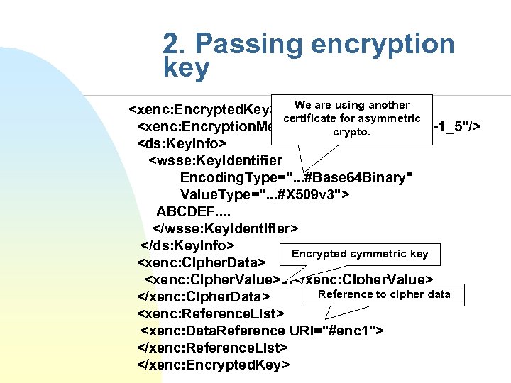 2. Passing encryption key <xenc: Encrypted. Key> We are using another certificate for asymmetric