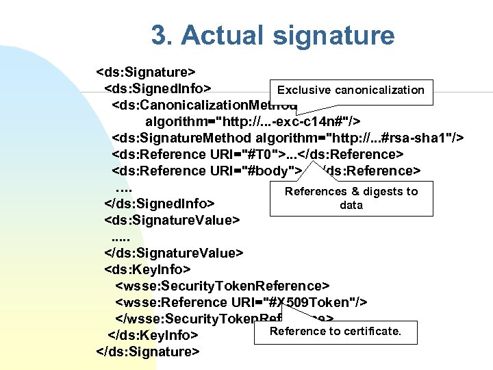 3. Actual signature <ds: Signature> <ds: Signed. Info> Exclusive canonicalization <ds: Canonicalization. Method algorithm="http: