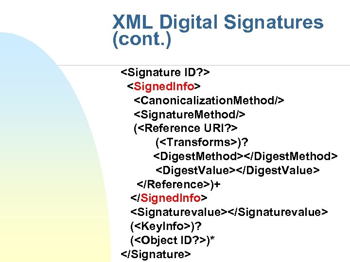 XML Digital Signatures (cont. ) <Signature ID? > <Signed. Info> <Canonicalization. Method/> <Signature. Method/>