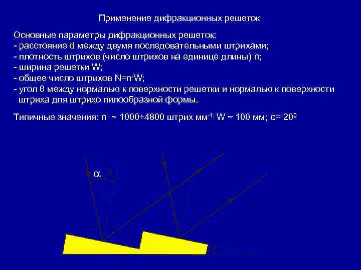 Применение дифракционных решеток Основные параметры дифракционных решеток: - расстояние d между двумя последовательными штрихами;